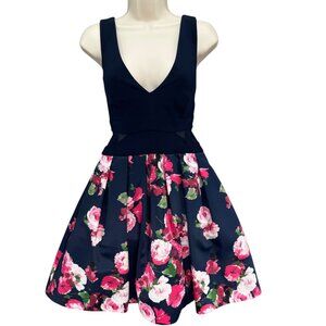 Xscape Floral Taffeta Cocktail Dress Navy Pink Mini Fit Flare Sleeveless Size 10